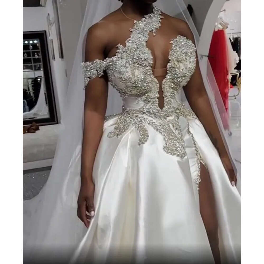 Arabic Size Aso Plus Ebi Crystals High Split Wedding One Shoulder Sexy Satin Bridal Gowns Zj
