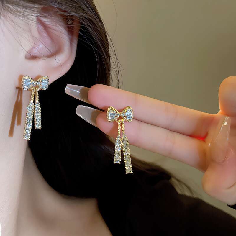Gold Color Shiny Stud For Women Fashion Exquisite Dainty Rhie Bow Dangle Earrings Jewelry Friends Gift