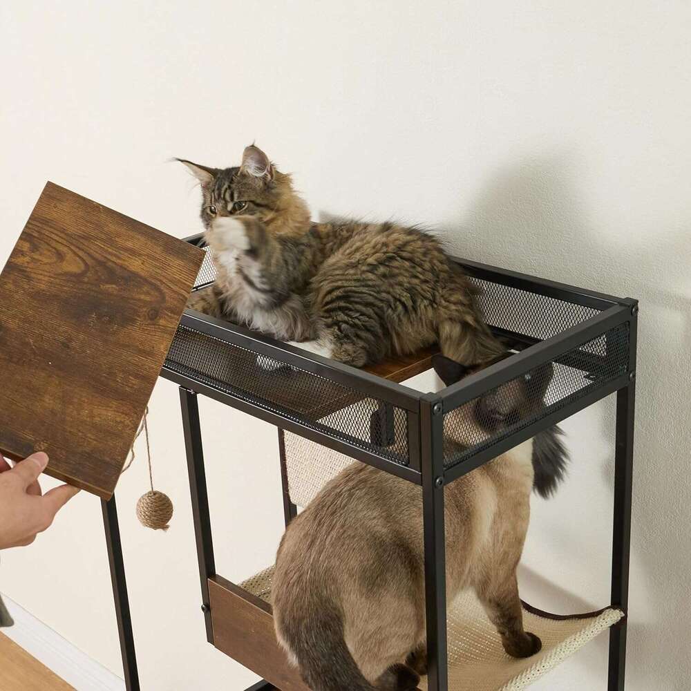 Litter Box Encloure Furniture Tree, All-In-One Modern Cat Tower With Condo, Hammock, Food Station, Scratching Mat, 48-Inch, Rutic Brown