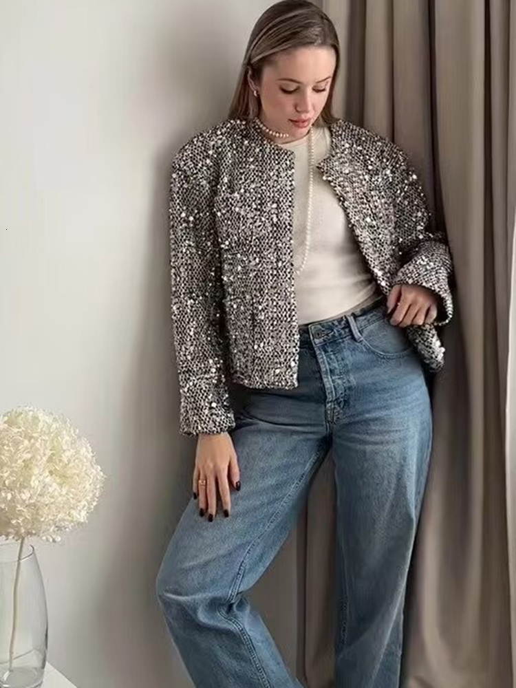 Women Chic Sier Sequin Embellished Short Jacket Casual Round Neck Long Sleeved Pockets Cardigan Autumn Lady Elegant Coats