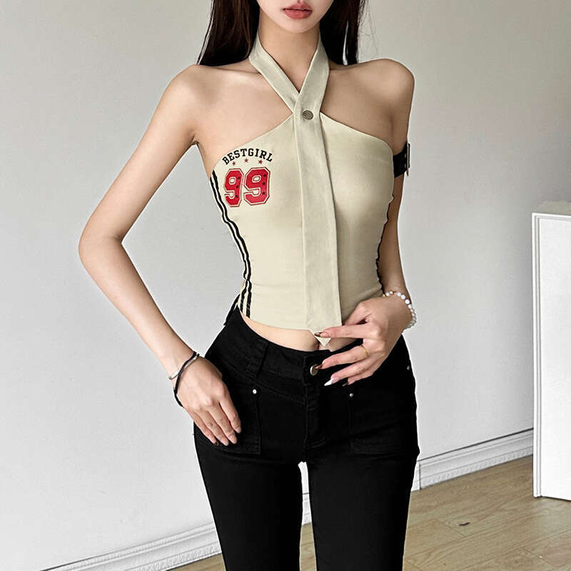 Wind 2024 summer new women's tie design hanging neck letter print backless slim fit vest