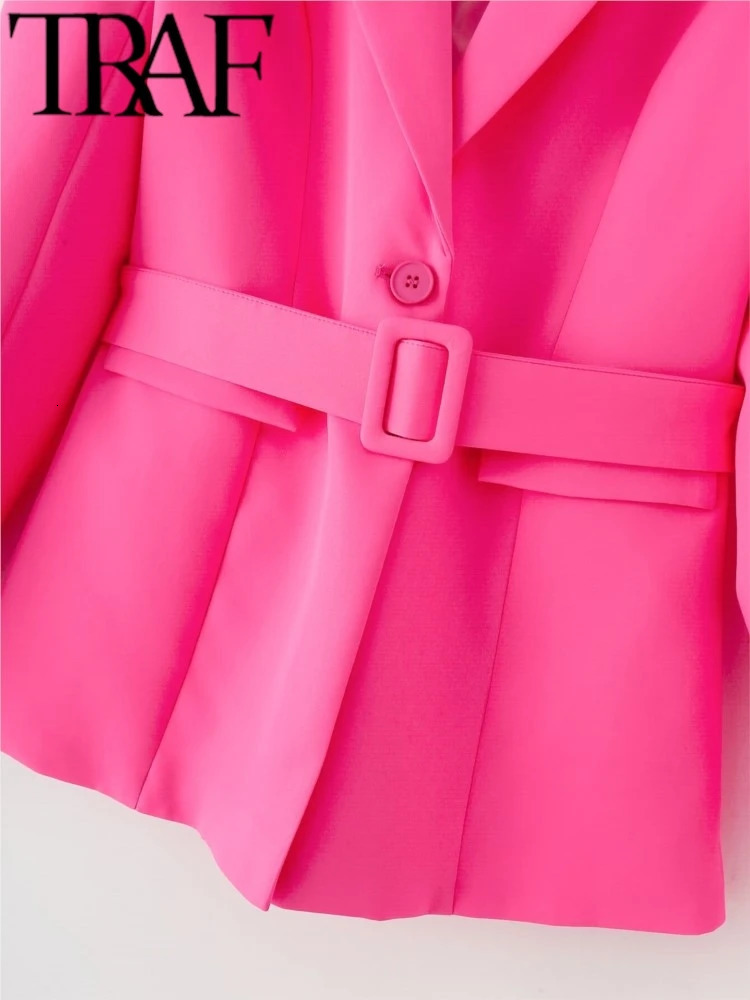 TRAF GAL Office Women Rose Red With Belt Blazer Suits Long Sleeve Jacket Female Spring Full Length Pants Sets Y2K Trousers 240423