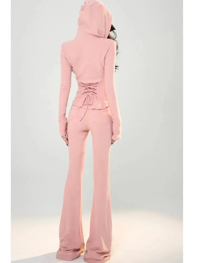 Y2K High Street Two Piece Set Tracksuit Women Hooded Zipper Jacket Drawstring Wide Leg Pants Korean Fashion Solid Slim Outfits 241129