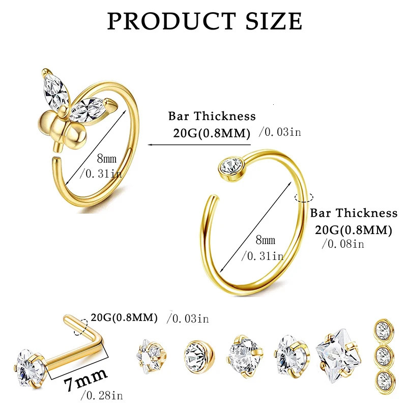 1Pc 20G Nose Rings Studs for Women Stainless Steel Hoop Screw L Shaped Stud Ring Piercing Jewelry 241125