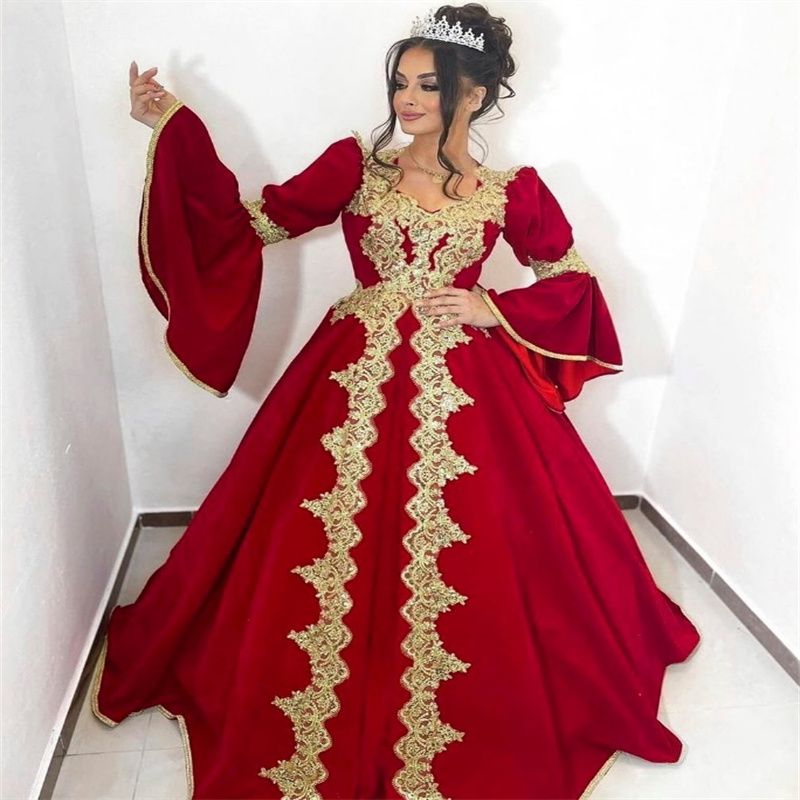 Arabian Kosovo Red Evening Dress Long Sleeve Muslim Arabic Dubai Prom Dress Gold Lace Abaya Morrocan Formal Party Gown Charming Robe De Mariage Vestio