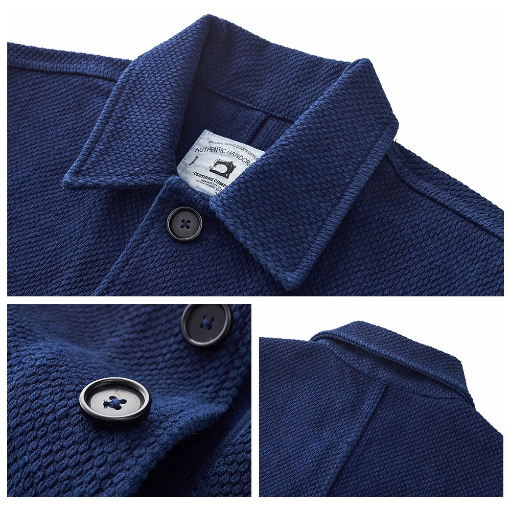 French Indigo Cargo for Mens Autumn and Winter Collection Flip Collar Multi Pocket Blue Dyeing Tool Jacket Retro Casual Open Top 241128