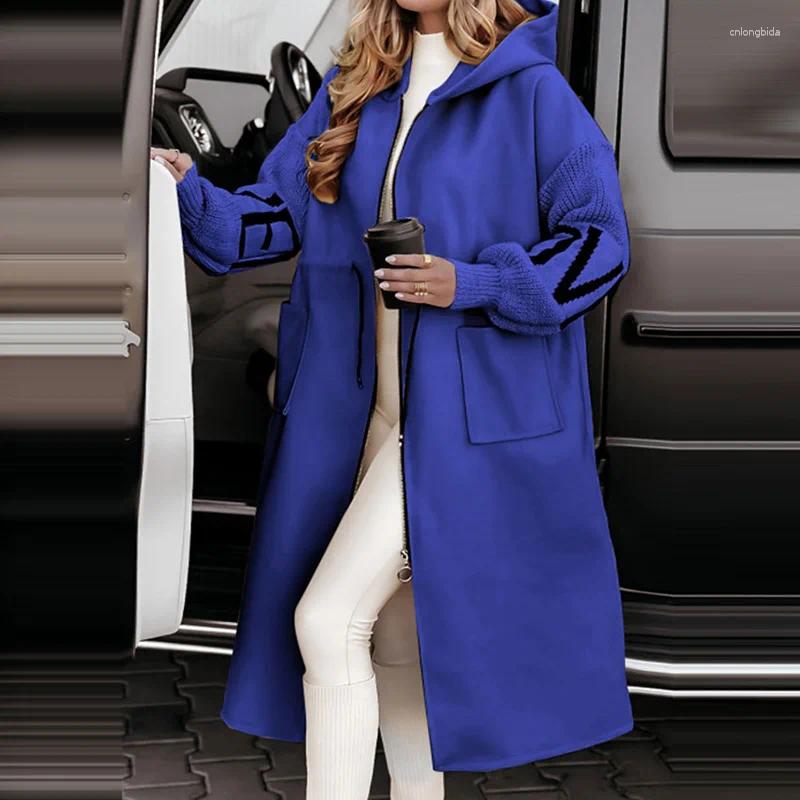 Womens Jackets Hooded Long Sleeve Cardigan Coat Women Autumn Winter Simple Patchwork Zipper Casual Lace-Up Fashion Maxi Outerwear