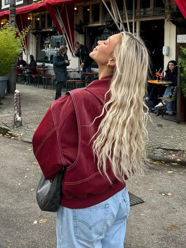 Women Autumn Solid Faux Leather Jackets Fashion Lapel Long Sleeve Zipper Pockets Coat 2024 Lady High Street Pu Outerwear 241129