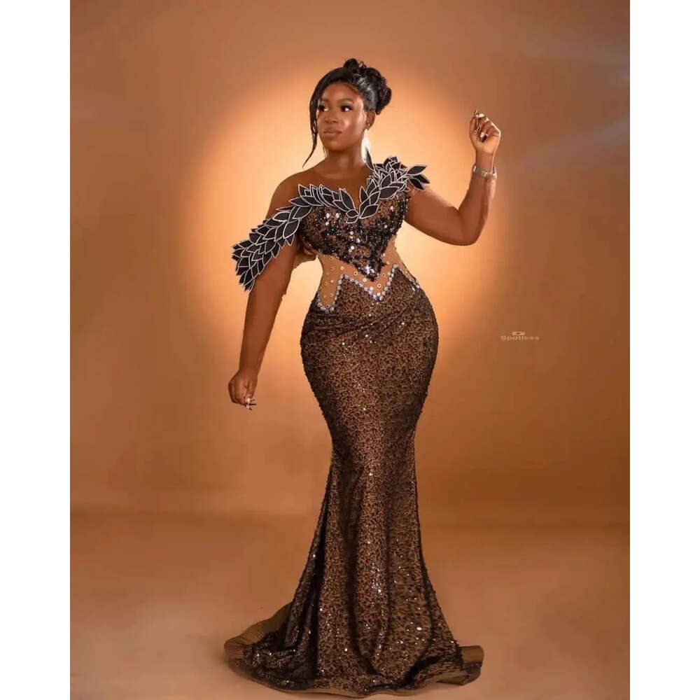 Arabic Mermaid Brown Aso Ebi Prom Dress Beaded Crystals Sexy Evening Formal Party Second Reception Birthday Engagement Gowns Dresses Robe De Soiree Zj