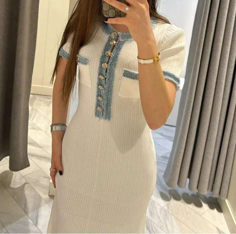 Elegant V Neck Denim Patchwork Knit Maxi Women's Fashion Short Sleeve Button Slim Dress Office Ladies Pocket Robe