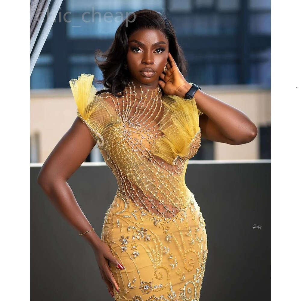 Mermaid Yellow Ebi Aso Prom Dress Beaded Crystals Illusion Evening Formal Party Second Reception Th Birthday Engagement Gowns Dresses Robe De Soiree E
