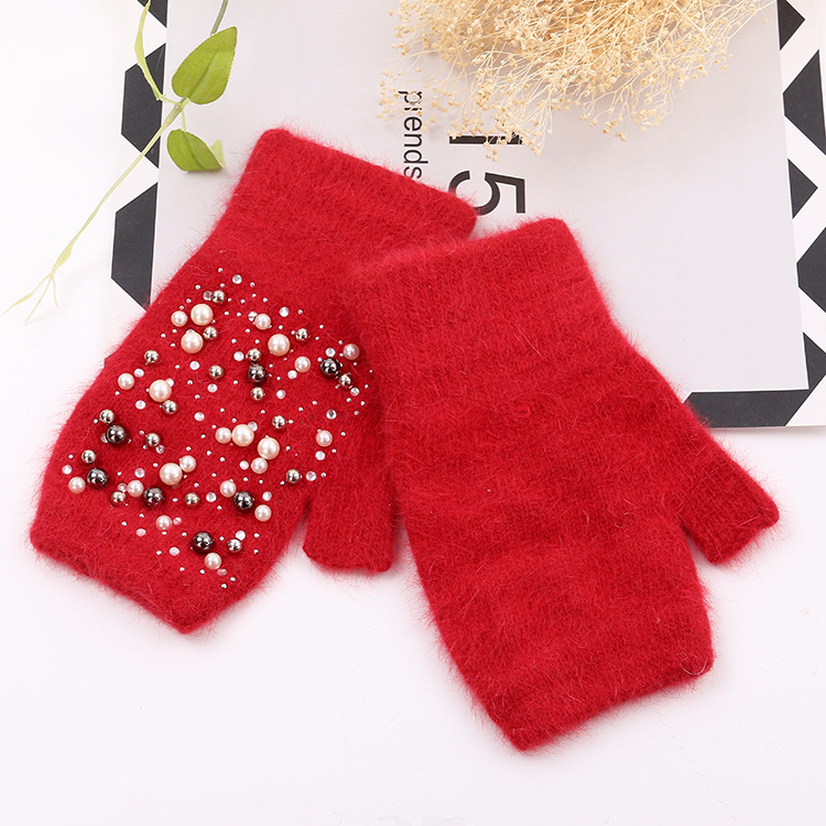 Winter warm knitted gloves exposed rabbit hair gloves men's and women's semi pointed diamond pearl gloves factory direct sales