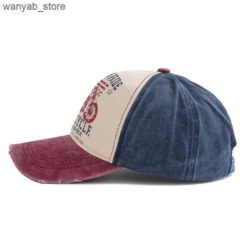 Ball Caps New motorcycle printed baseball cap retro color block wash cap adjustable mens dad hat L240910