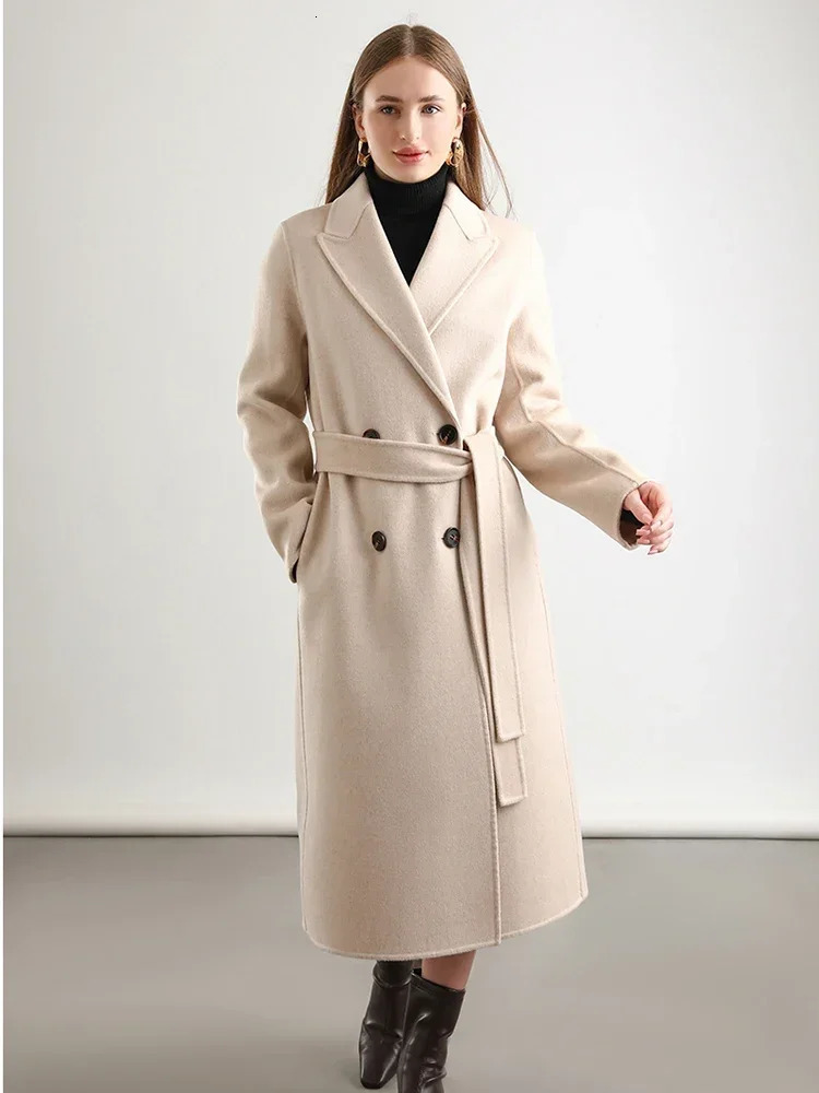 Women 100 Wool Lapel Overcoat Belt DoubleBreasted Autumn Winter Long Jacket Trench Coat Ladies trf za Female Clothing 19 241129