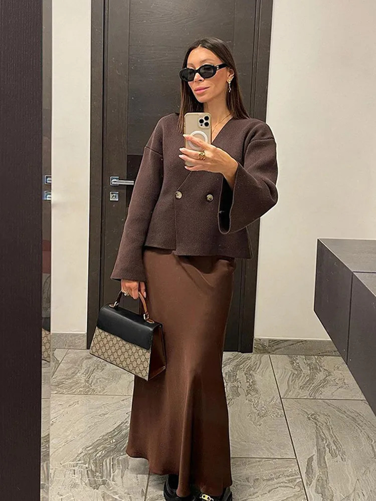 Fashion Brown V-neck Knitted Cardigan for Women Elegant Double Button Long Sleeve Sweater Autumn Womens Fashion Casual Knitted Cardigan 241127
