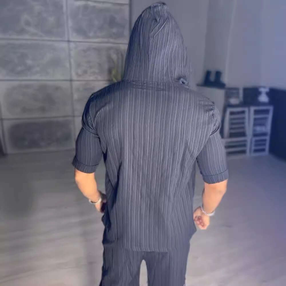 European And American Plus Size Casual Suit Men's Loose Short Sleeved Hooded Pocket Hoodie, Two Trendy Clothing Items With Fashionable Temperamen