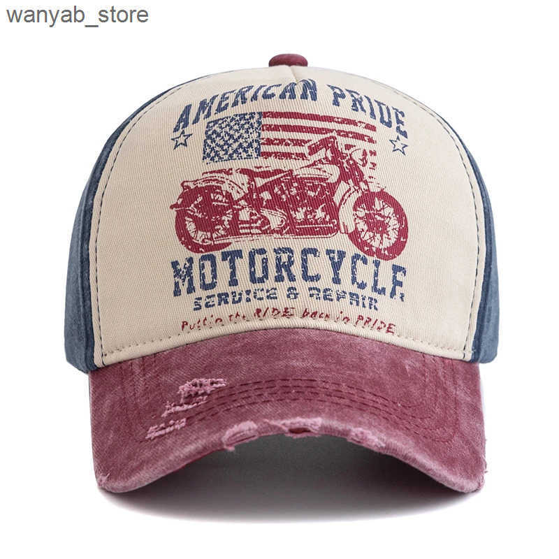 Ball Caps New motorcycle printed baseball cap retro color block wash cap adjustable mens dad hat L240910
