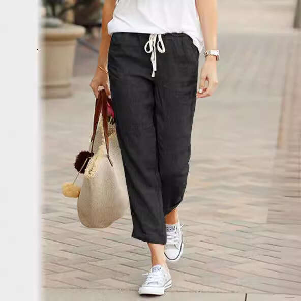 New Solid Color Loose Casual Drawstring Tight Waisted Cotton And En Cropped Pants, Trendy Clothing, Fashionable Temperament B1