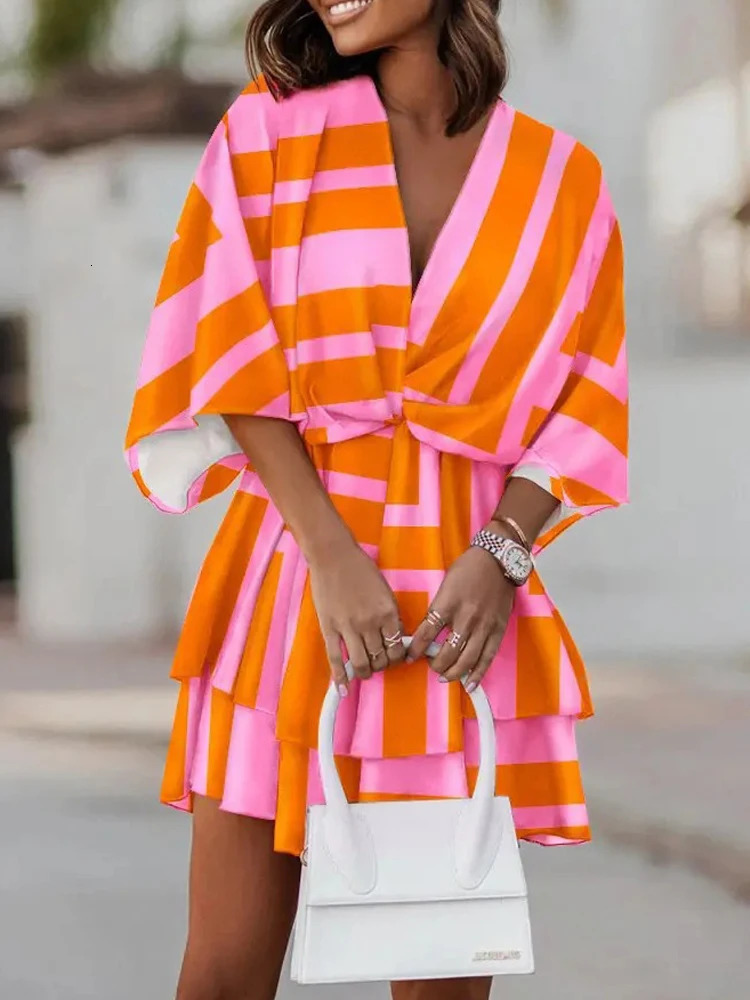 Print Women Summer Dress Half Sleeve V Neck Chic And Elegant Woman Midi Boho Beach Dress Casual Loose Knee Length Short Dresses 240415