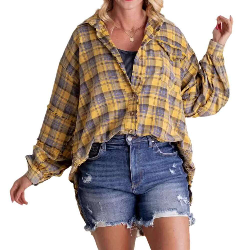 European American Foreign Trade Women's Clothing Autumn Winter New Style With Fringed Lantern Sleeves, Loose Button Checkered Shirts, Trendy Clot
