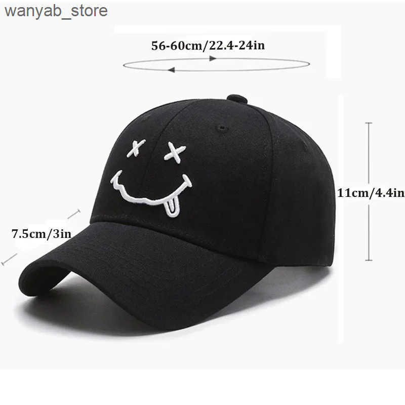 Ball Caps Womens Smiling Face Embroidered Baseball Hat Kpop Black Cotton Adjustable Snap Funny Hip Hop Hat Autumn Sun Dad Hat L240910