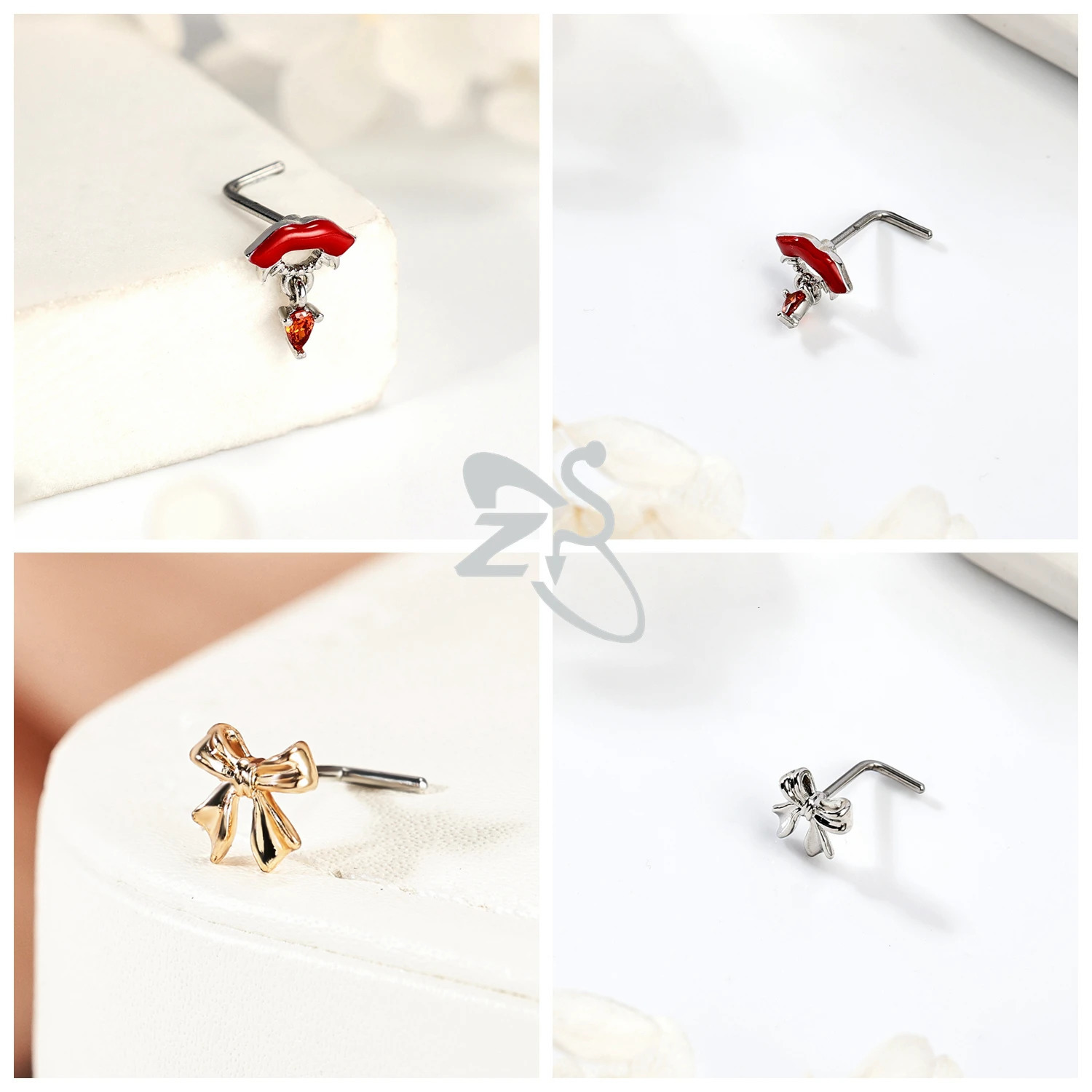 ZS 1 Piece Shiny CZ Crystal Nose Stud 20G L Shaped Stainless Steel Piercings Flower Butterfly Heart Shape Nostril Piercing 241125