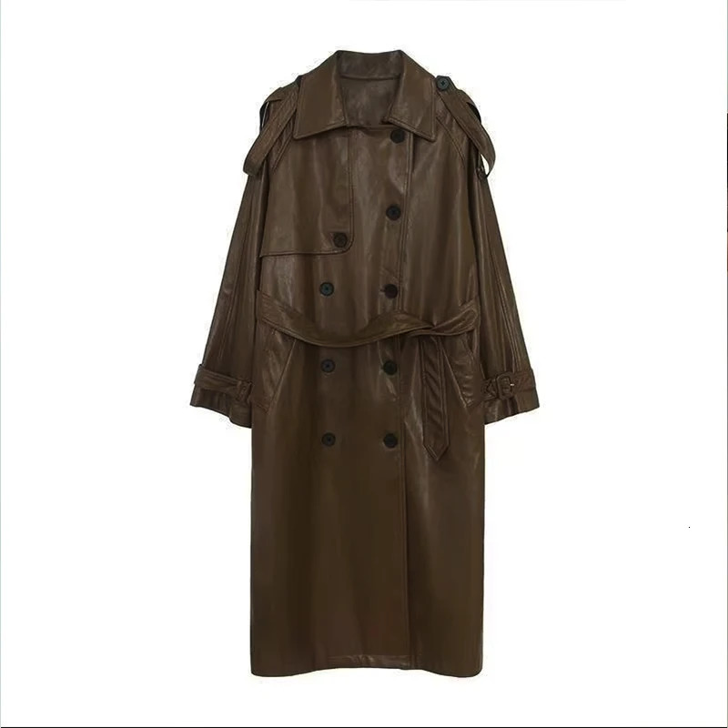 Autumn and Winter Long Womens Leather Jacket Fashionable Ladies Doublebreasted Buckle Belt Trench Coat 241129