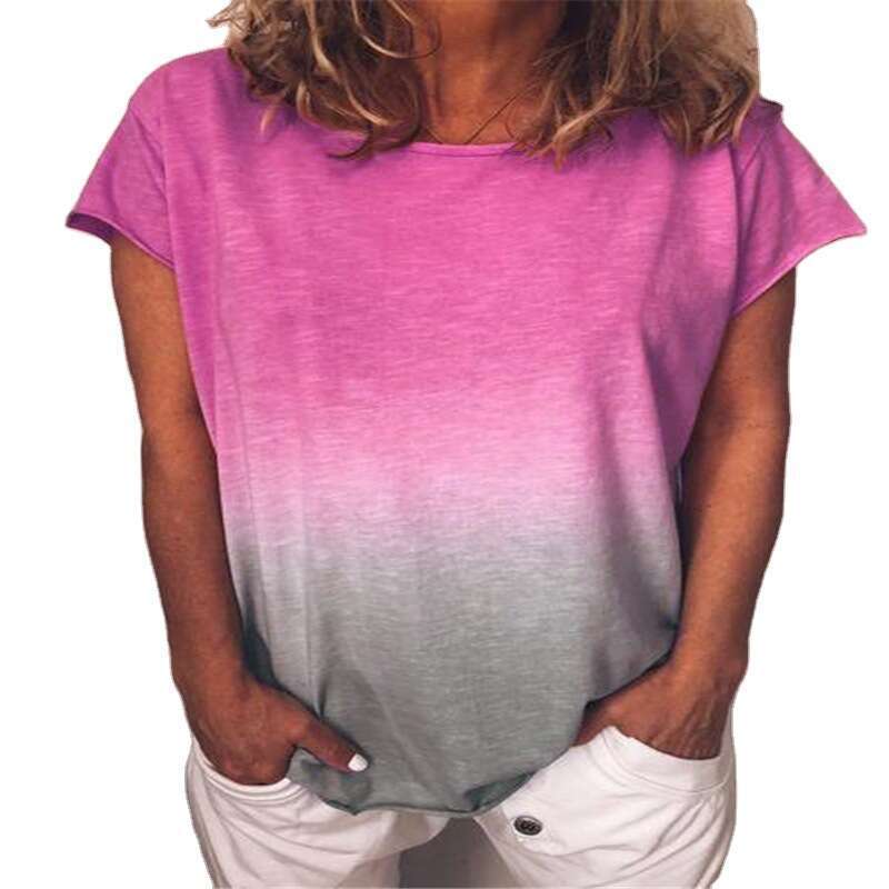 European And American Women's Summer Rainbow Gradient Print Round Neck Short Sleeved Loose T-Shirt Trendy Clothing Fashionable Casual Temperament