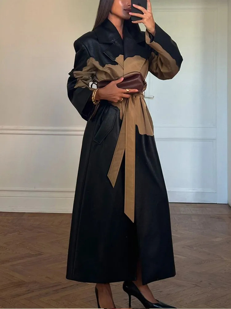 Chic Contrast Faux Leather Womens Long Jacket Lapel Open Front Thicken Trench Coat Winter Autumn Warm Outerwear With Belt 241129