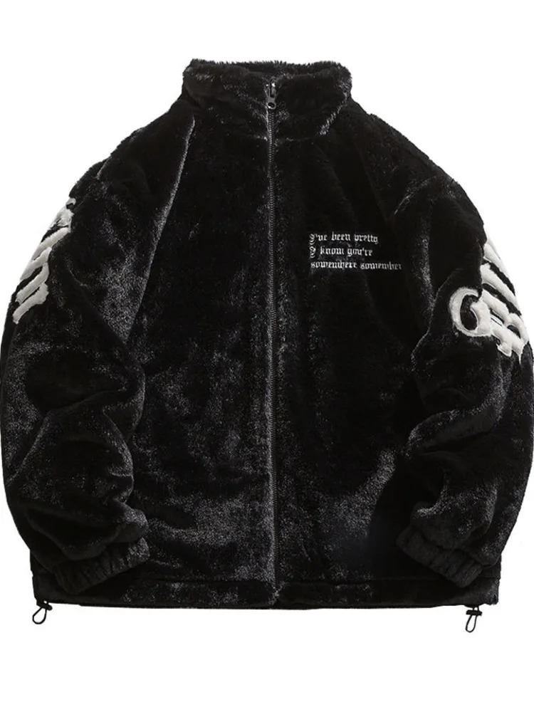 Mink Rabbit Fur Stand Embroidered Padded Fleece Jacket Men Winter Casual Thickened Coat Unisex Hip Hop Warm Streetwear 241126