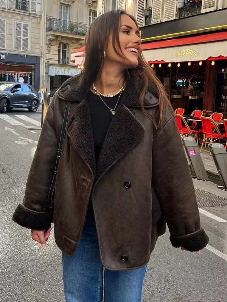 Y2K TRAF Faux Leather Jackets for Women 2024 Autumn Chic Singlebreasted with Pockets Outerwear Ladies Long Sleeve Loose Coat 241129