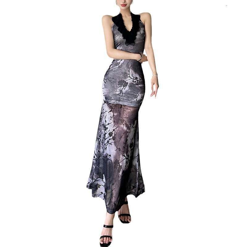 Wind 2024 summer women's clothing new Chinese ink style sleeveless slim fit bag buttocks mesh dress
