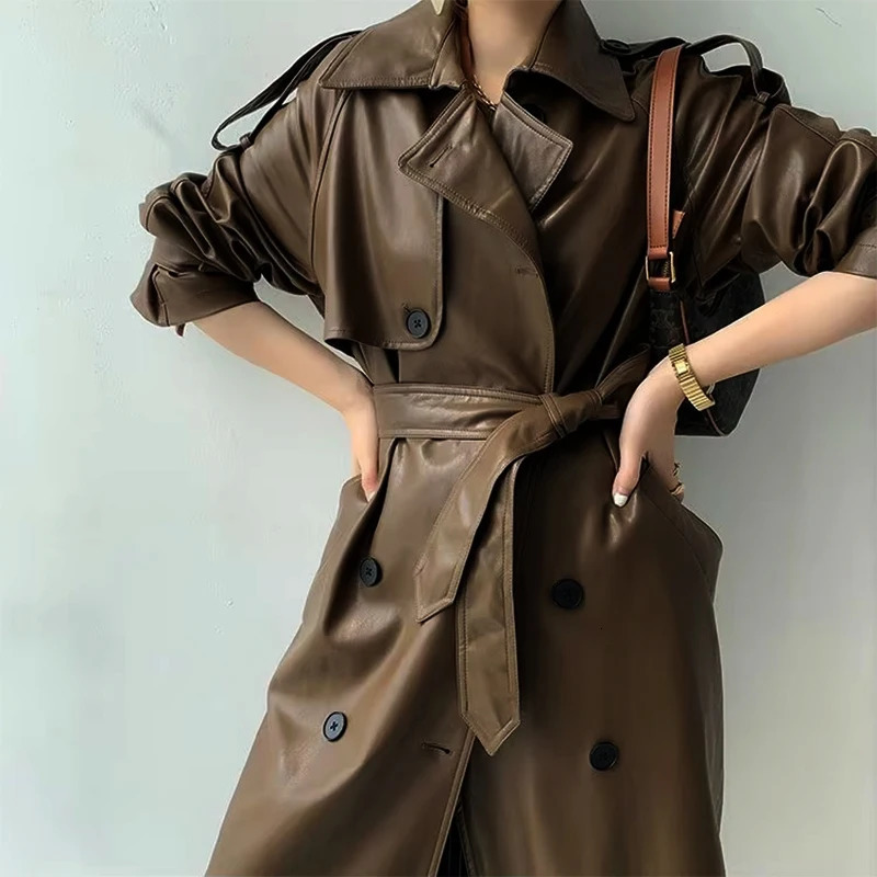 Autumn and Winter Long Womens Leather Jacket Fashionable Ladies Doublebreasted Buckle Belt Trench Coat 241129