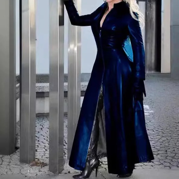 Solid Color Lapel Temperament PU Leather Jacket Europe and America Womens Autumnwinter Fashion Sexy Slim Overlength 241129