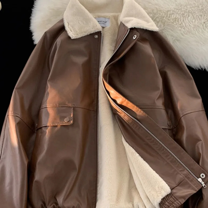 Y2K Fashion Lapel Leather Coat Cottonpadded Jacket Women High Street Vibe Vintage Casual Pilot 241129