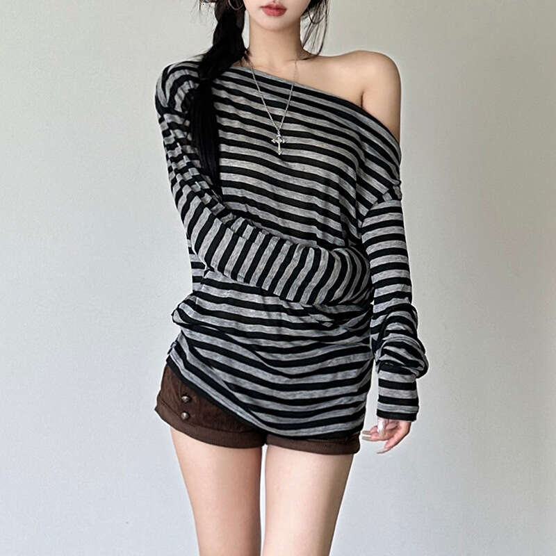 Wind 2024 Autumn New Women's Commuter Unique Cut Slant Neck Off Shoulder Striped Long Sleeve Top