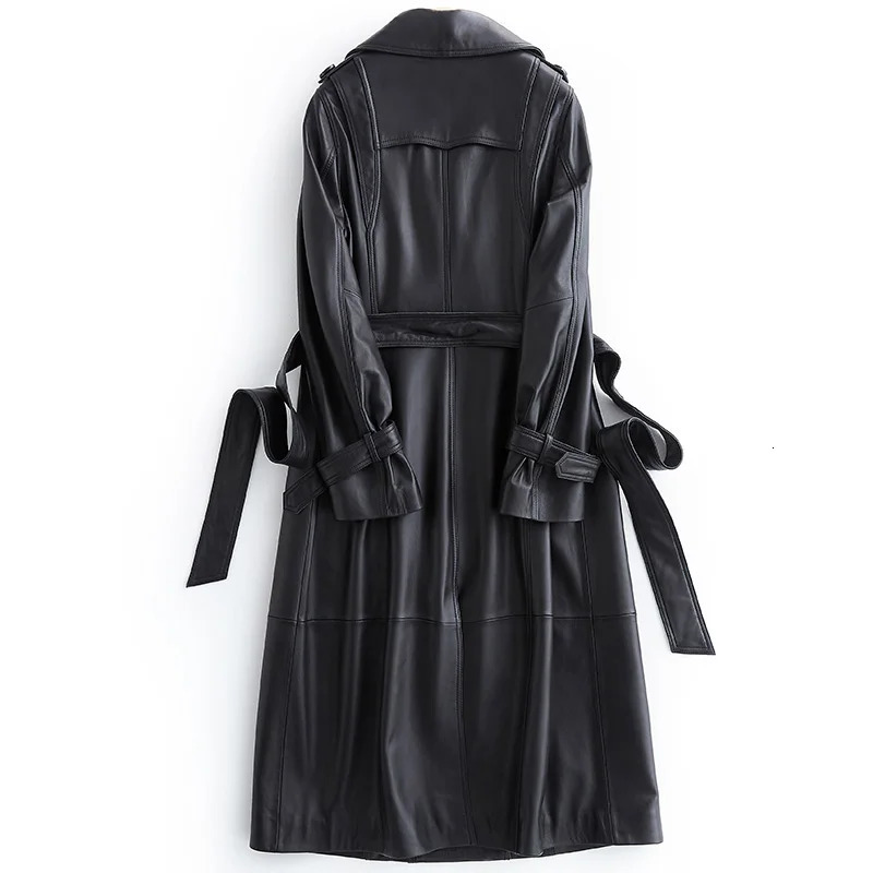 Lautaro Autumn Long Black Leather Trench Coat for Women Sleeve Belt Lapel Spring British Style Outerwear Fashion 241129
