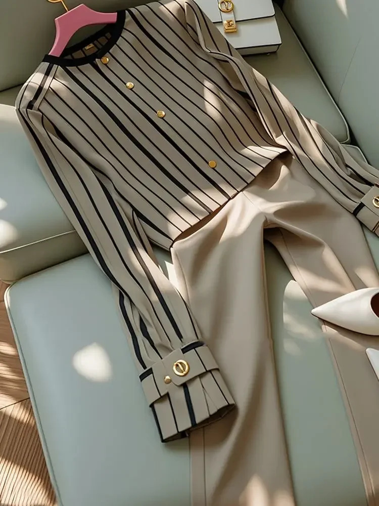Autumn Korean Fashion High End Long Sleeve Stripe Shirt Waist Slim Suit Pants Formal Two Piece Set Women Outfits 241129