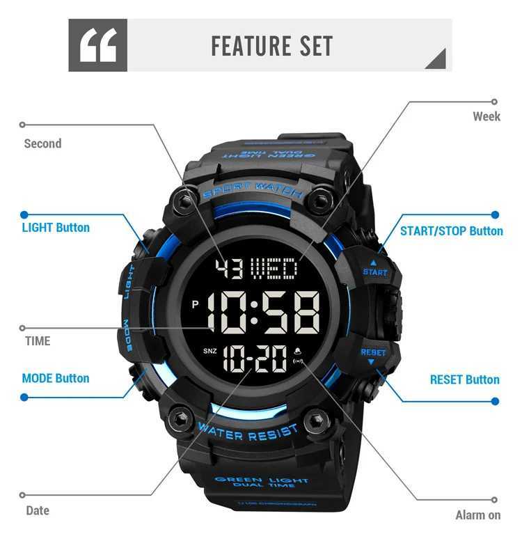 SKMEI Large Dial Stop Sport Mens D Light Digital Watch 5Bar Waterproof Countdown Clock reloj hbre 1968 M241128