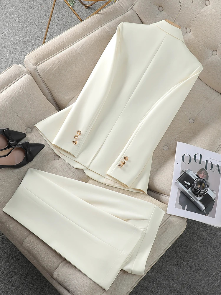 Autumn Winter Pink Black Beige Women Pant Suit 2 Piece Set Ladies Female Business Work Wear Formal Blazer Jacket And Trouser 241126