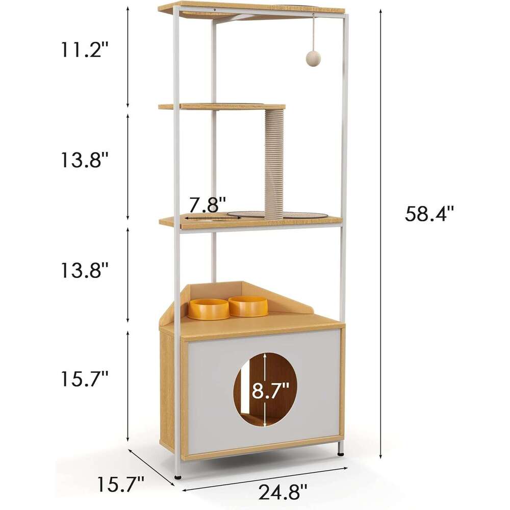 Corner Tower, Tree Scratching Pot, Cat Condo With Feeding Station And Climbing Platform, Pet Furniture For Indoor Cat
