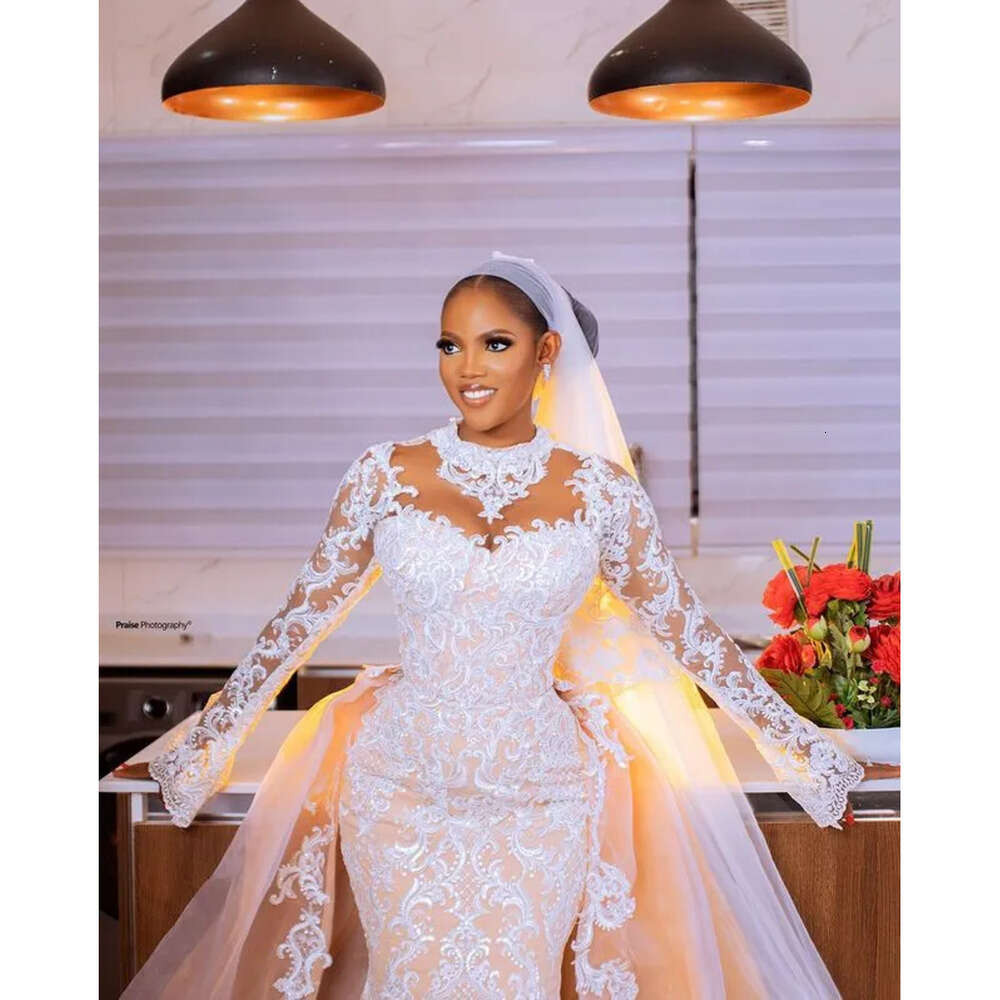 Arabic Aso Plus Oct Ebi Size Champagne Mermaid Wedding Dress Lace Detachable Train Bridal Gowns Dresses Zj Es