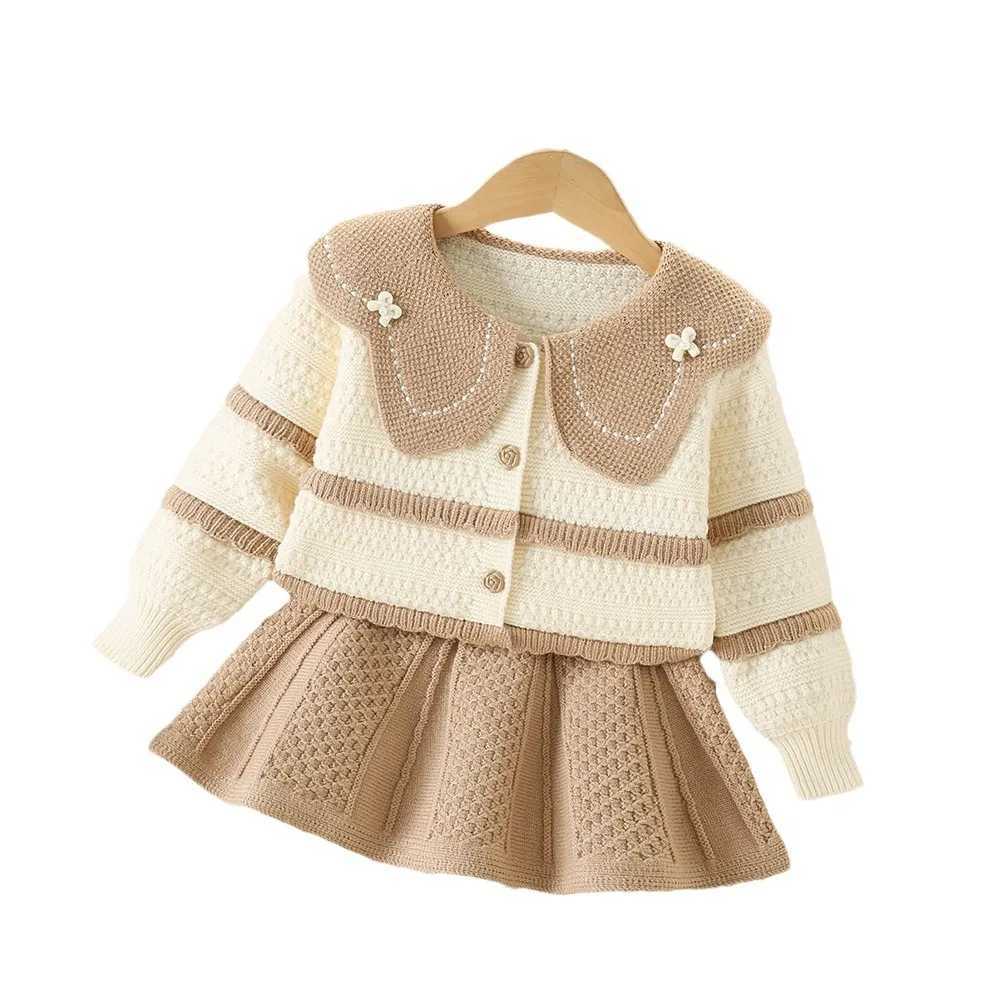 Clothing Sets Girls Knitted Clothing Set Spring and Autumn Childrens Wool Jersey Sweater Coats Short Skirt Party Dress Baby Clothing Childrens 6Y Y241
