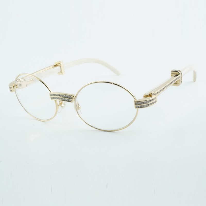 Round full frame transparent lens with round diamond 7550178 white buffalo horn legs male and female glasses 55-22-135mm