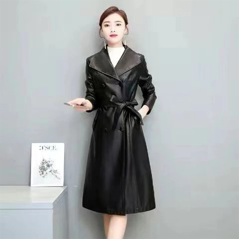 Lautaro Autumn Black Waterproof Pu Leather Trench Coat for Women Long Sleeve Belt Double Breasted Fashion 241129