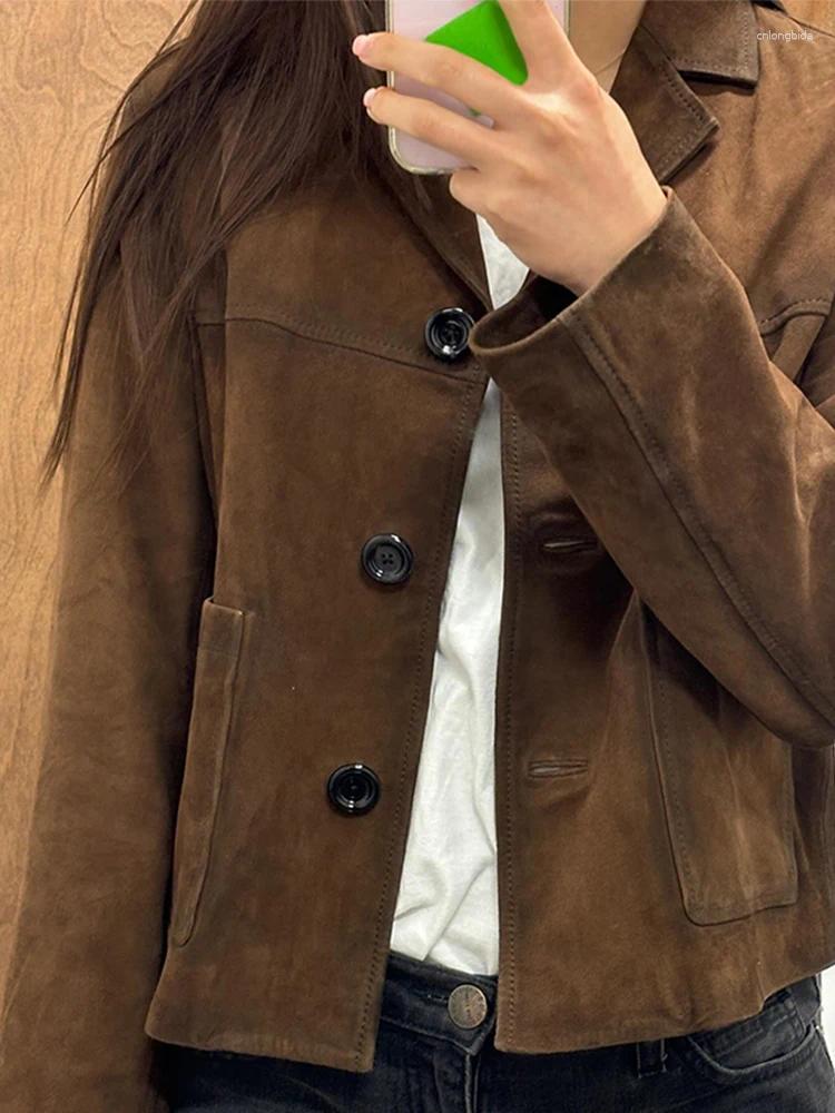 Womens Jackets Suit Collar Suede Leather Jacket Coat Retro Loose Elegant Slimming Women Short Overcoat Fashion Brown Autumn Outwear Top