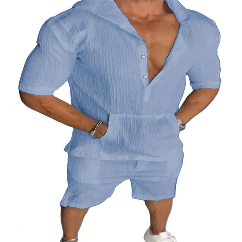 European And American Plus Size Casual Suit Men's Loose Short Sleeved Hooded Pocket Hoodie, Two Trendy Clothing Items With Fashionable Temperamen