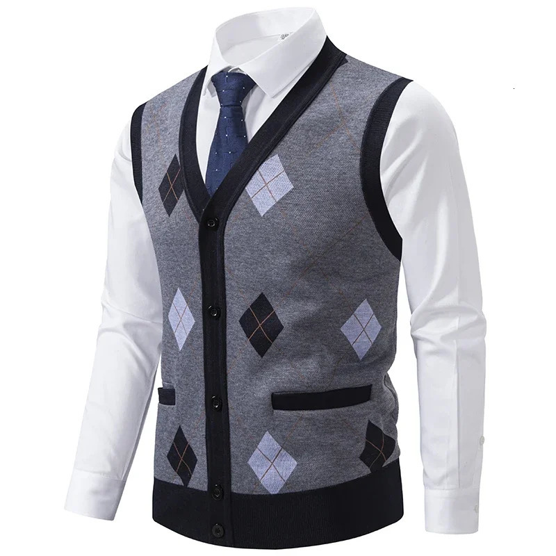 Men Plaid Casual Knitted Waistcoats Sweater Vests Sleeveless Cardigans Autumn Male Outwear Sweatercoats Size 3X 241129