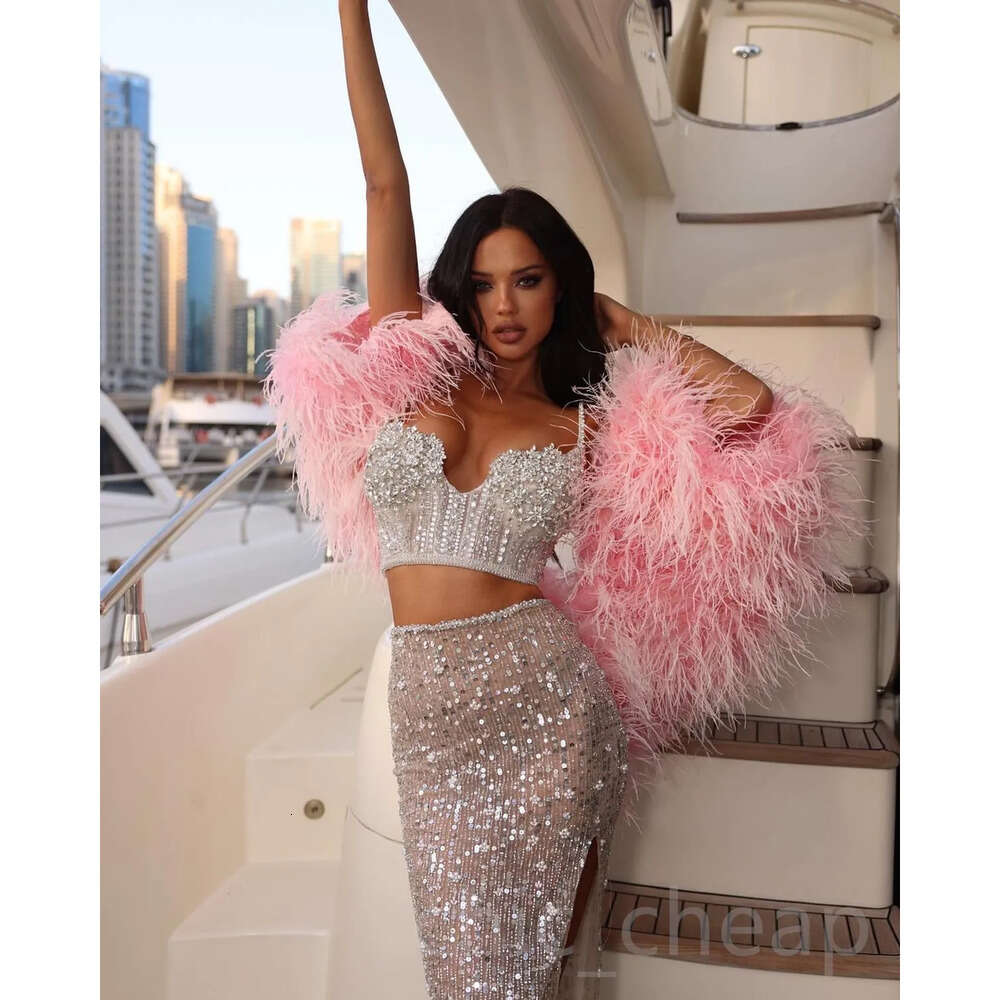 Aso Pieces Two May Ebi Prom Beaded Crystals Feather Evening Formal Party Second Reception Birthday Engagement Gowns Dress Robe De Soiree Zj 6660306