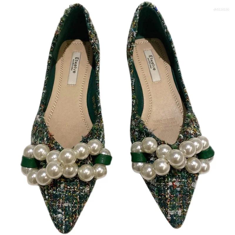 Casual Shoes 2024 Spring Summer Pointed Flat Women Green Pure White Flats With Big Pearls Unique Design Large Size